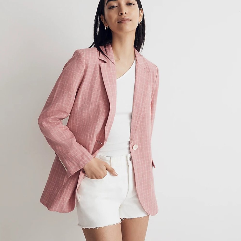 NWT XS Madewell The Plaid Larsen Blazer in 100% Linen Cafe Pink